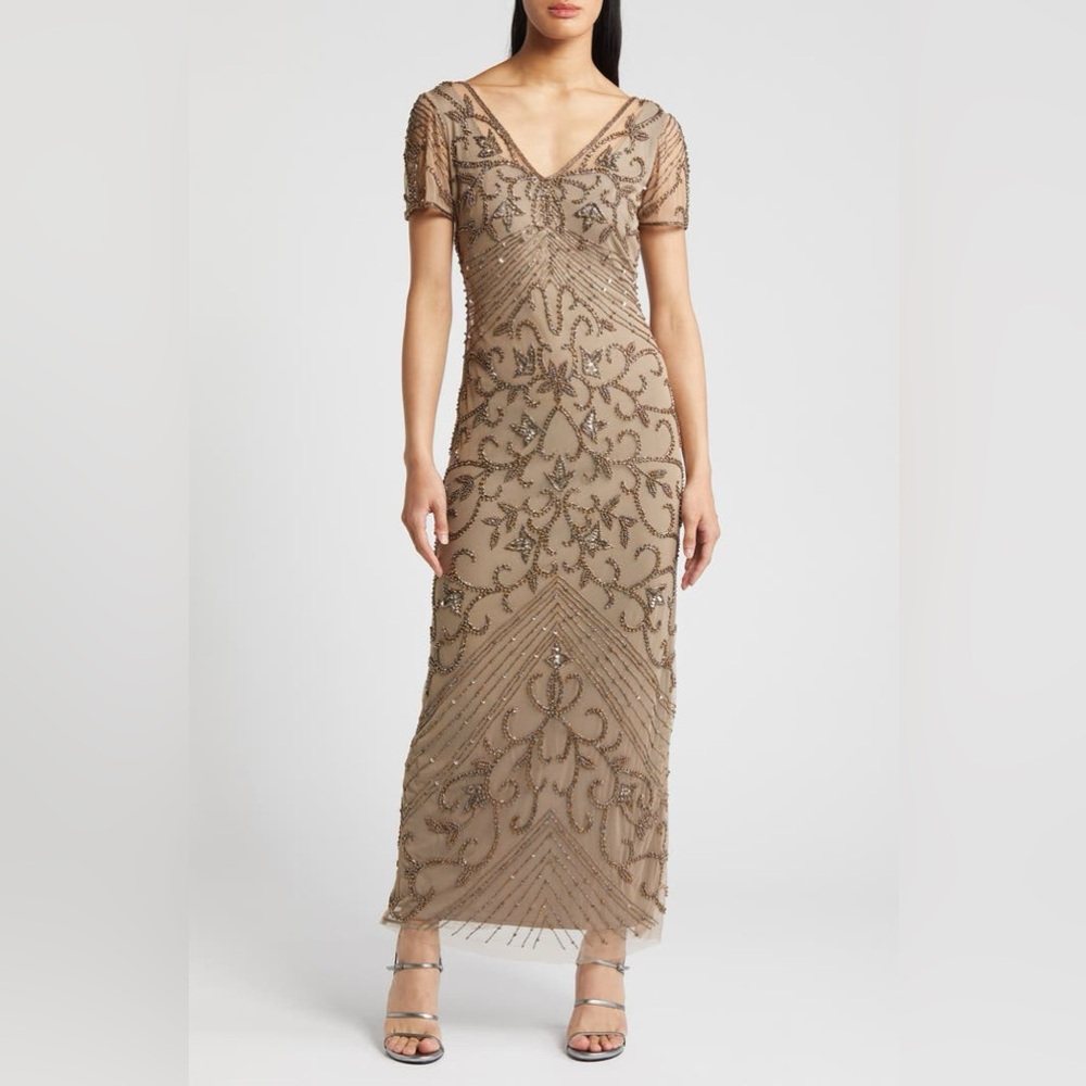 Pisarro Nights Beaded Mesh Column Gown Sz 14